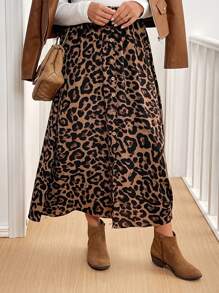 SHEIN VCAY Saia feminina plus size estilo francês, novidade da moda outono/inverno, com botões, modelagem evasê, cintura elástica, ideal para festas, estampa de leopardo, volta às aulas, saia com estampa americana, elegante, com fenda, perfeita para professoras, inspirada nos anos 70, para o trabalho, festas, minimalista, para o escritório, retrô, simples, para festivais de música, saia de outono, vintage, única, para férias, festiva, solta, saia casual feminina, ideal para usar com casacos. - Multicolorido - Ver 6