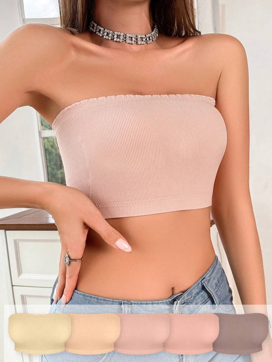 5 件套时尚纯色舒适抹胸文胸套装 - 彩色 - 查看 1