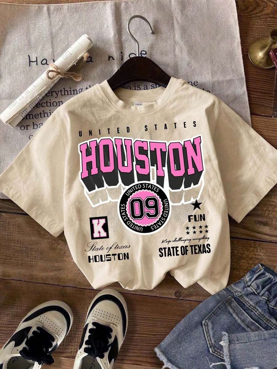 SHEIN CUTE Tween Girl Casual Simple Letter And "09" Graphic Printed Loose Fit Short Sleeve Round Neck T-Shirt, Suitable For Spring/Summer - Beige - View 1