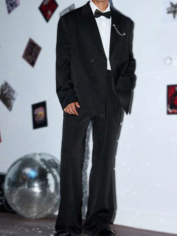 Manfinity VCAY 2 piezas Ropa para hombre de fiesta Hermosos conjuntos de trajes tejidos básicos de ajuste casual, de estilo vintage de moda de calle alta para Halloween, color negro, ropa de regreso a la escuela para otoño