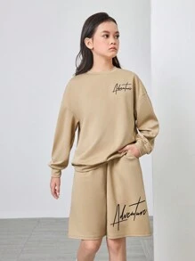 SHEIN 2pcs/Set Tween Girls' Loose Casual Handwritten Text Print Sweatshirt And Wide-Leg Pants Outfit, Early Autumn - Apricot - View 3