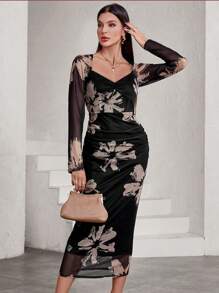 SHEIN Privé Thanh lịch, thời trang và tối giản Màu sắc tương phản Vải lưới Vải ngẫu nhiên In hoa ngẫu nhiên Ruffle Eo Bodycon Dress - Nhiều màu - Xem 3