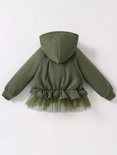 SHEIN 1 件年轻女孩绿色网眼撞色夹克，时尚百搭，适合春秋季节