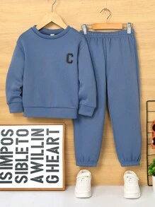 SHEIN 6 件套年轻男孩休闲纯色舒适针织圆领长袖字母印花运动衫和运动裤套装，适合居家、户外、返校、生日、婴儿洗礼、节日派对、秋冬季，羊毛，加厚 - 彩色 - 查看 11
