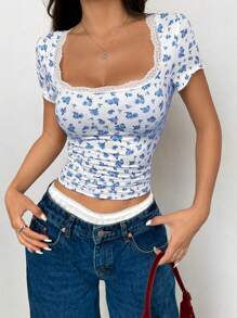 SHEIN Unity Summer Casual Floral Lace Trim T-Shirt Graphic Tees Women Tops - Multicolor - View 3