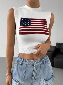 SHEIN EZwear Women's Casual Crew Neck National Flag Pattern Knit Sweater