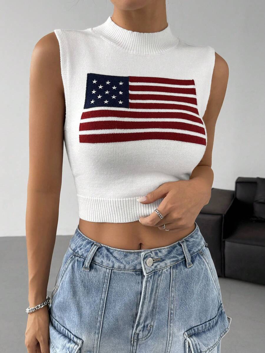 SHEIN EZwear Women's Casual Crew Neck National Flag Pattern Knit Sweater