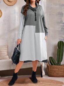EMERY ROSE Plus Size Casual Loose Fit Colorblock Long Sleeve Dress Fall Clothes - Multicolor - View 4