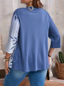 EMERY ROSE Camiseta de manga larga de otoño con estampado y unicolor para mujer talla grande - Azul - Ver 2