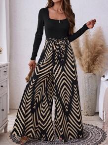 SHEIN LUNE Bộ áo liền quần màu đen, áo liền quần dài tay nữ màu trơn, phối họa tiết hình học, phong cách boho, thường ngày. - Nhiều màu - Xem 3