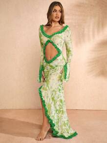 Hauture Floral Frill Cut Out Ruffle Hem Summer Dress - Green - View 3