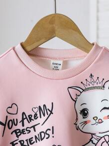 SHEIN Leap Crew Sudadera de cuello redondo con estampado de gato lindo y versátil para niña bebé, adecuada para la temporada de otoño invierno y regreso a la escuela - Rosa - Ver 3