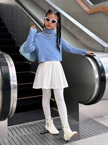 SHEIN Explorewe 2pcs Tween Girls' Knitted Ribbed Turtleneck Long Sleeve Top + Simple Flared Skirt Set - Multicolor - View 3
