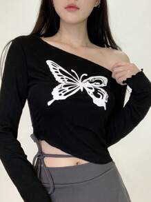 DAZY 女式蝴蝶印花落肩长袖圆领 T 恤，秋季，图案 T 恤，秋季女装