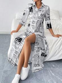 EMERY ROSE Women's Newspaper Print Shirt Dress Maxi Women Outfit - Black and White - View 6