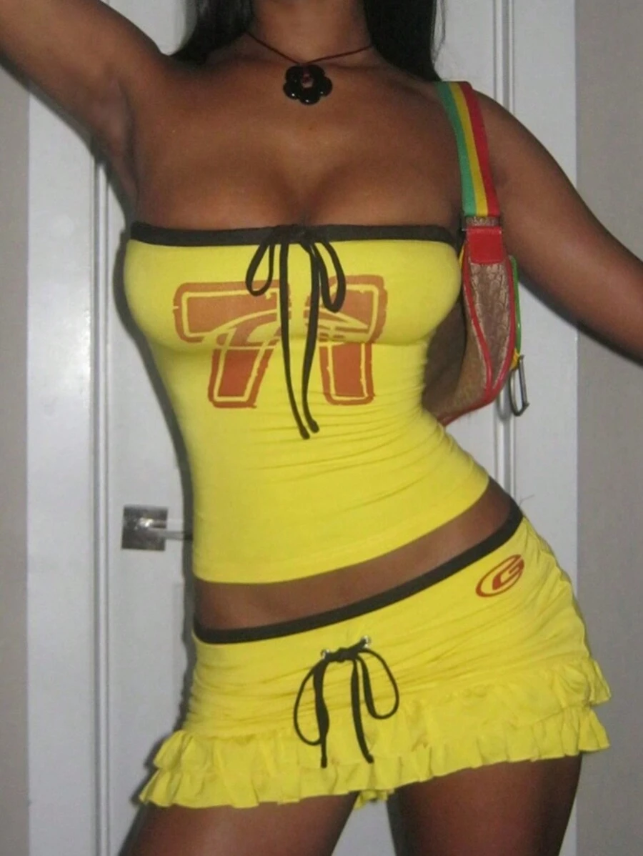 SHEIN EZwear Áo ống thời trang in kỹ thuật số khối màu dành cho nữ - Màu vàng - Xem 1