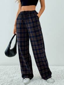 SHEIN Tall Plaid Printed Drawstring Waistband Slanted Pocket Loose Casual Wide Leg Pants - Brown - View 7