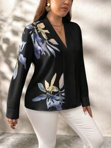 SHEIN Clasi Áo cánh dài tay họa tiết thực vật thanh lịch cỡ lớn cho nữ mùa thu & mùa thu - màu đen - Xem 3