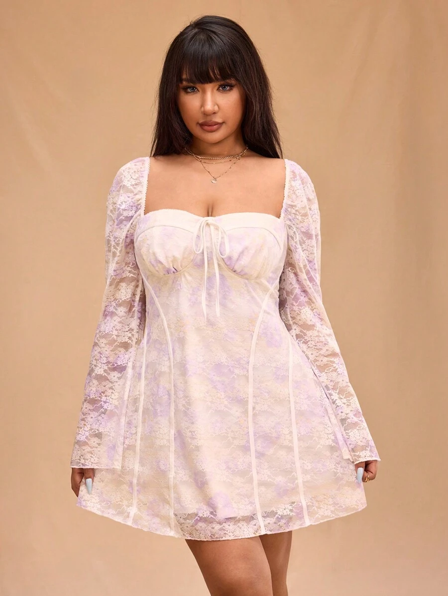 Forever 21 大码女式蕾丝花卉印花浪漫约会夜喇叭袖连衣裙 - 彩色 - 查看 1