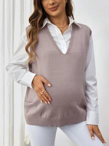 SHEIN Pregnant Women Casual Solid Color Knitted Sweater Vest, Spring & Autumn, For Maternity - Khaki - View 4