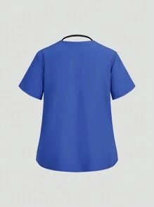 TaskEZ Plus Size Women's Contrast Color V-Neck Short Sleeve Top With Pockets And Pants Uniform, Plus Size Uniforms & Scrubs - Navy Blue - View 7