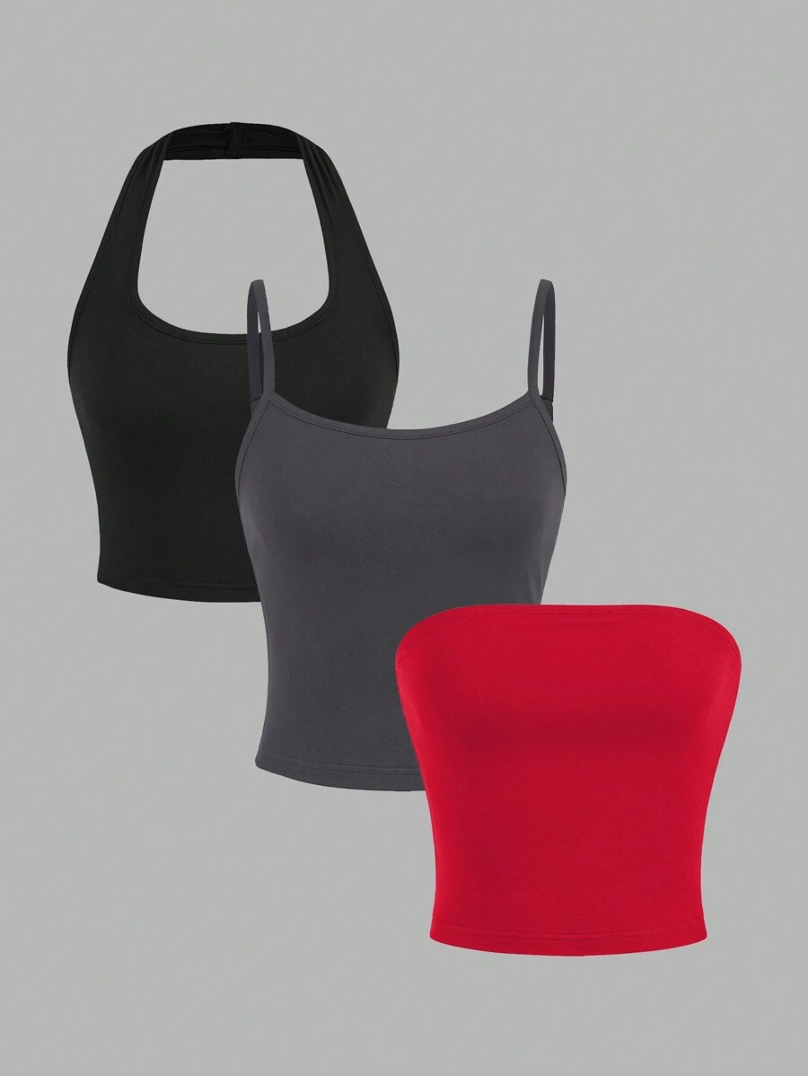 SHEIN EZwear 3 件套休闲无袖基本款女士背心/吊带背心套装，春夏 - 彩色 - 查看 1