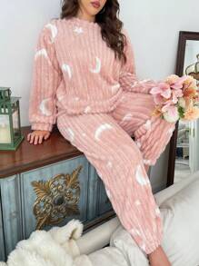 Plus Size Casual Moon & Star Print Plush Warm Fluffy Pajama Set, Fall Winter Clothes, Cozy - Pink - View 1