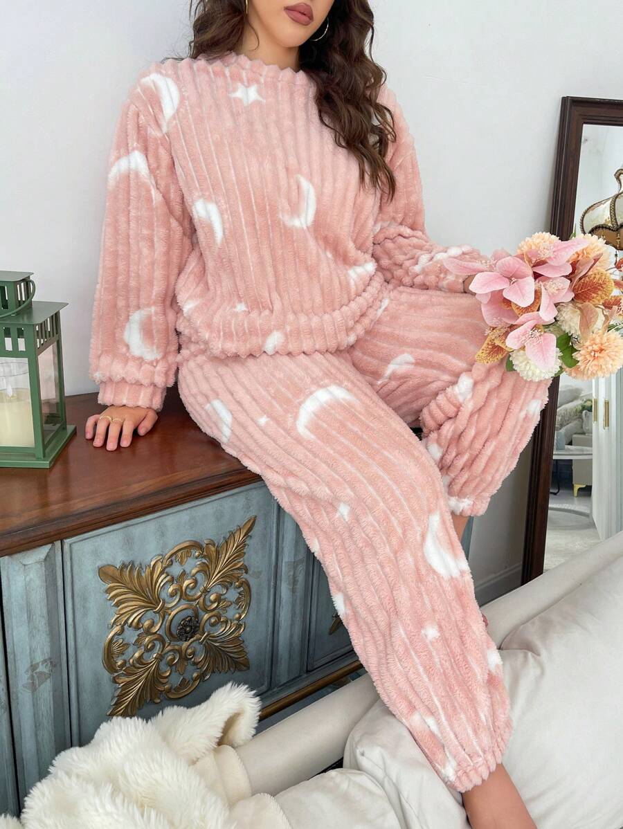 Plus Size Casual Moon & Star Print Plush Warm Fluffy Pajama Set, Fall Winter Clothes, Cozy - Pink - View 1