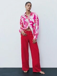 Maija Women's Solid Color Pocketed Casual Straight Leg Pants - Red - View 6