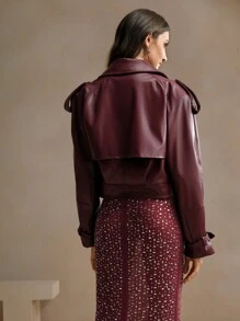 Anewsta Women Spring Autumn Plain Stand Collar Long Sleeve PU Leather Loose Short Casual Jacket - Burgundy - View 2