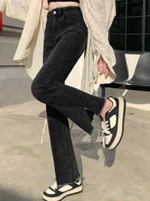 DAZY Túi nữ Quần Jeans Skinny Distressed Hem Slit Hem Jeans - Màu xám đen - Xem 2