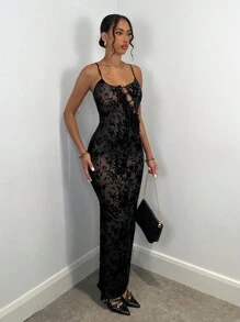 SHEIN BAE Vestido negro de mujer con detalles de encaje, malla floral y cordones al frente, vestido ceñido y sexy, vestido vintage, vestido de otoño, vestido negro elegante