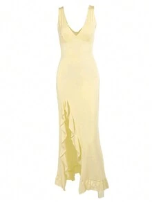 Women's V-Neck Ruffle Hem Slit Elegant Charming Dress - Yellow - View 3