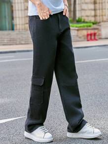 Claim Dot Pantalones vaqueros casuales rectos y sueltos con bolsillos cargo versátiles para hombres - Negro - Ver 3