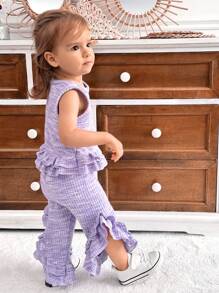 SHEIN 2pcs Baby Girl Ruffle Trim Sports Casual Set, Purple - Multicolor - View 5