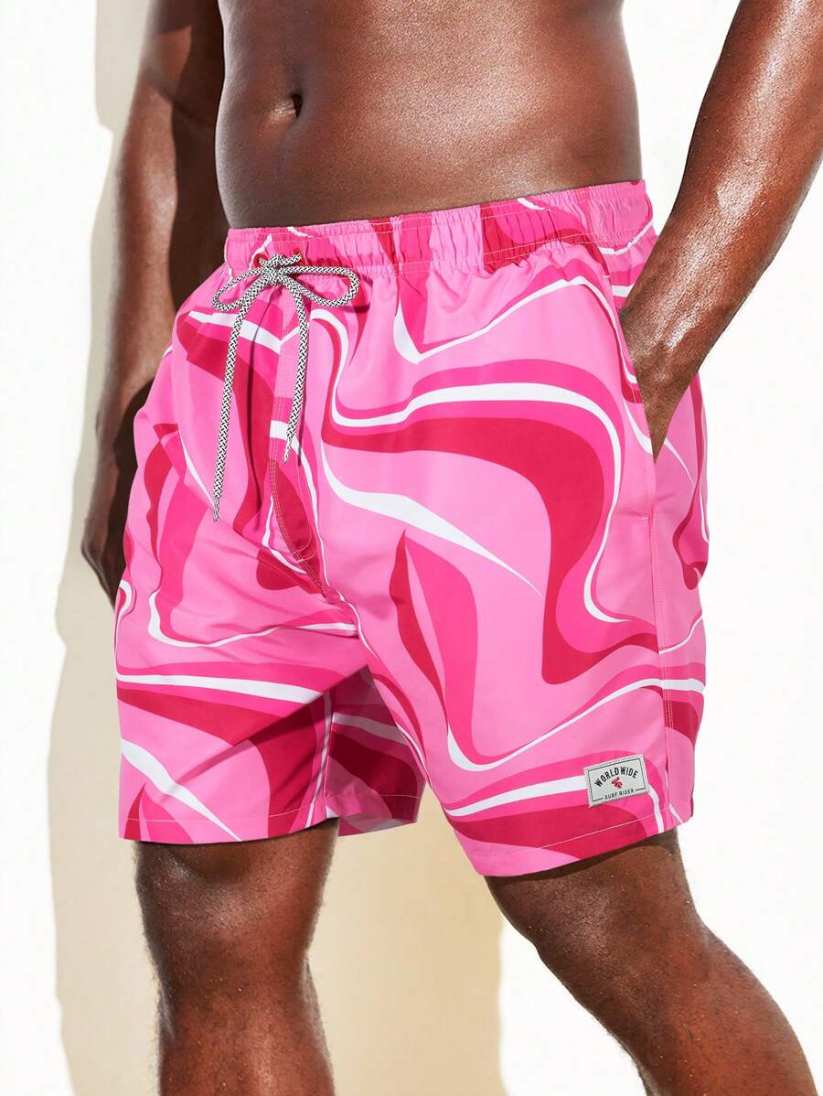 Manfinity Quần short đi biển in họa tiết sọc sóng cỡ lớn cho nam, quần bơi - Hồng - Xem 1