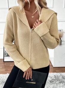 SHEIN LUNE Solid Color Stand Collar Zip-Up Casual Sweater Jacket, Continuous Learning Fall Cloth For Women - Khaki - View 4