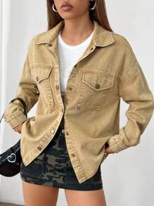 SHEIN EZwear Women's Spring And Autumn Khaki Distressed Textured Jacket, Casual Clothes