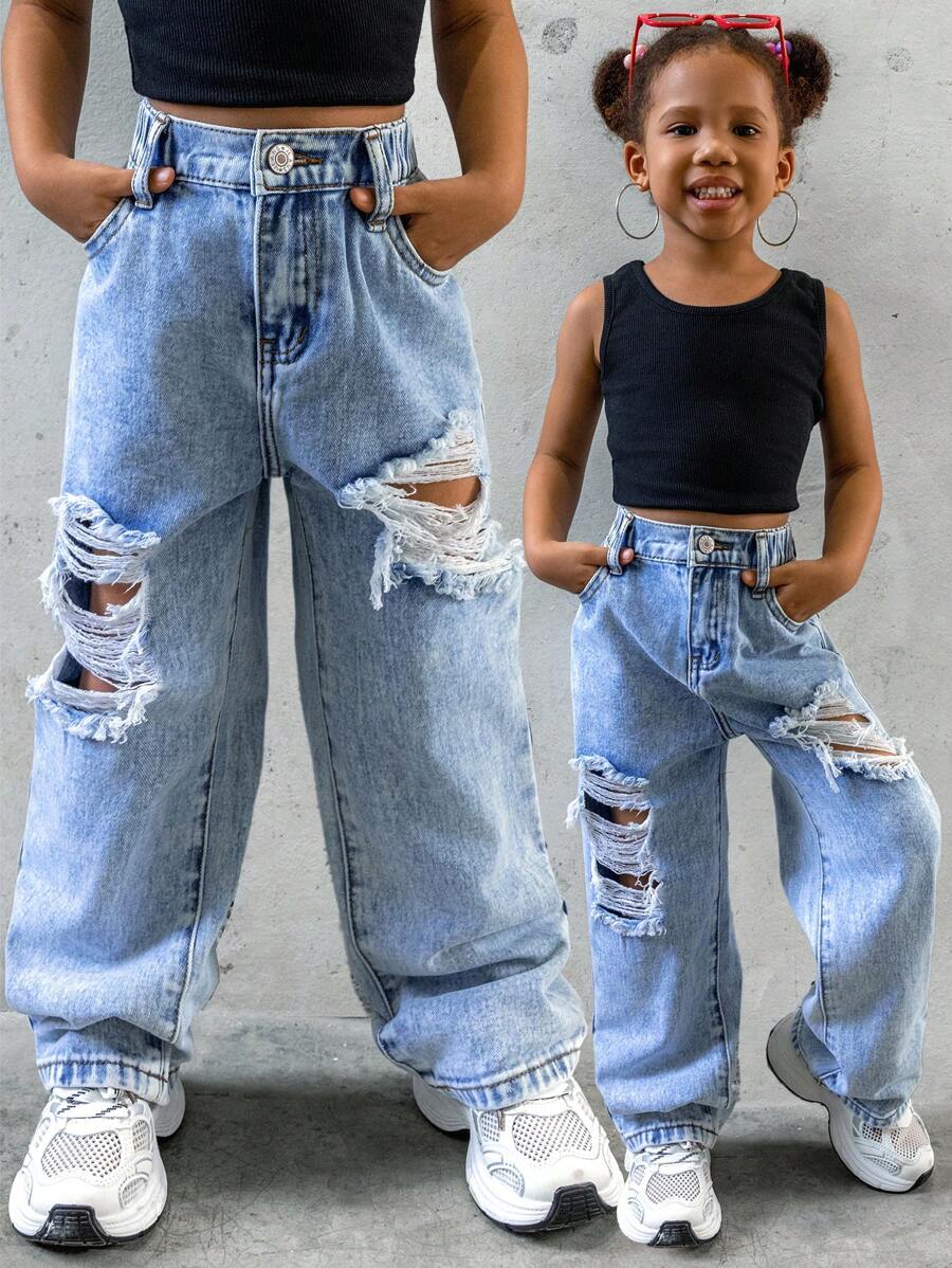 SHEIN Explorewe Young Girl New Casual And Stylish Light Blue Distressed Washed Straight Leg Jeans, School, Campus, College Summer Holiday