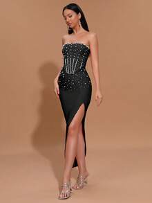 Modphy Robe longue élégante pour femmes, bleu clair, sexy, à encolure dégagée, ornée de perles, moulante avec fente haute, pour soirée