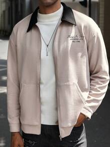 Manfinity Homme Chaqueta con cuello de contraste y gráfico de eslogan para hombres - Rosa - Ver 1