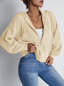 RueChic 女士休闲宽松连帽拉链开衫，舒适时尚 - 杏色 - 查看 1