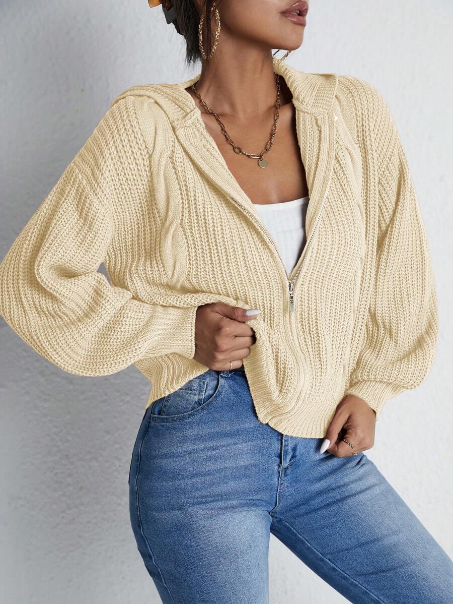 RueChic 女士休闲宽松连帽拉链开衫，舒适时尚 - 杏色 - 查看 1