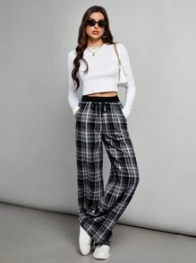 SHEIN Tall 撞色黑白格子百搭休闲纹理设计宽松长裤