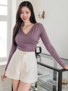 DAZY 情人节纯色 V 领荷叶边修身女式 T 恤，秋季服装长袖女式上衣 - 中紫紅色 - 查看 6