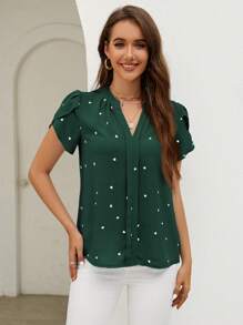 SHEIN Clasi Bluză de vară pentru femei, cu mânecă scurtă, imprimeu cu inimă, decolteu în V și mânecă petale, pentru plajă - Verde inchis - Vizualizare 6