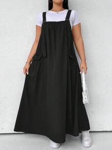 Flirla Plus Size Women Solid Casual Side Pocket Loose Long Overall Dress Maxi Women Outfit - Black - View 1