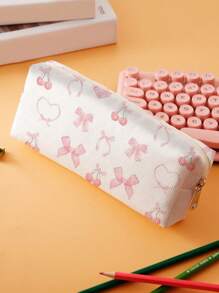 ROMWE Kawaii Hộp bút chì in họa tiết nơ Cherry hai mặt có trang trí nơ, dùng cho trường học - Đen và trắng - Xem 2