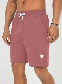 EURMUSE Men's Palm Tree Printed Drawstring Elastic Waist Loose Shorts For Vacation - Pink - View 6