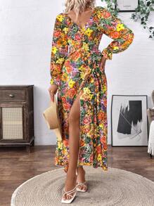 Breezaya Vestido largo envolvente con estampado floral completo para mujer, perfecto para vacaciones y salidas informales. - Multicolor - Ver 6